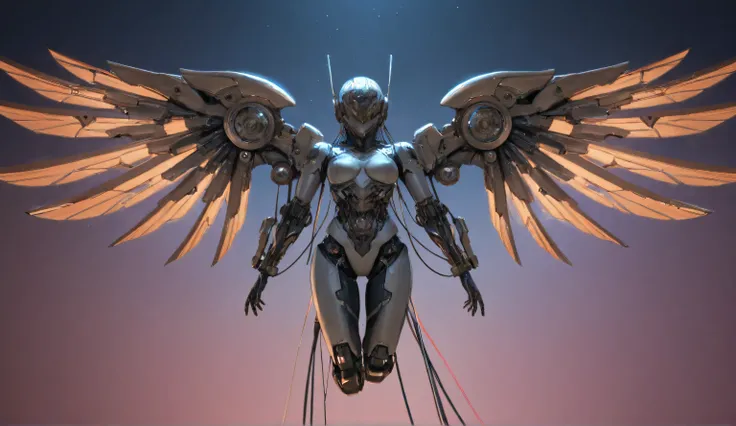 Anime drawn image, intricate, detailed, ornate, fantasy, machinery, neon, cyborg, mechanical parts, mechanical limbs, mechanical wings, cybernetic augmentations, probes, cables, wires, suspended in the air, ray tracing, 16k, UHD, cinematic, masterpiece, aw...
