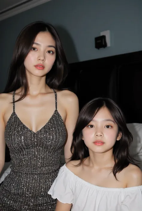 Adorably cute and lovely Filipina-korean Spanish Sexy cute elegant petite 33 year old goth wife is resting in my bed with my adorable and innocent like 16-yrs old sexy medium perky breasts young little daughter wearing a long shirt