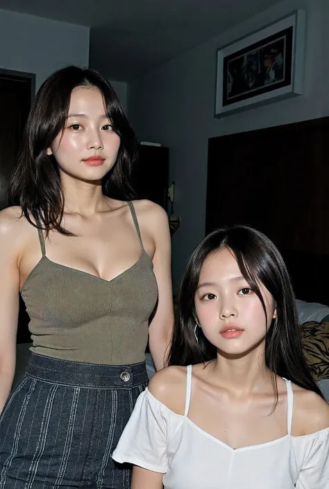 Sexy cute petite 33 year old korean goth wife is resting in my bed with my adorable and innocent like 16-yrs old sexy medium perky breasts young little daughter wearing a long shirt