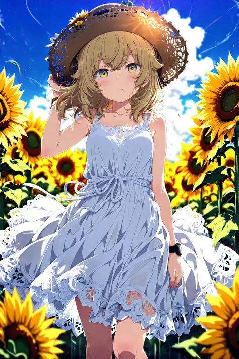 high-definition picture ,fuwa aika, One Girl ,Alone, ( white lace dress:1.2), Relaxed Dress (sun visor hat:1.2), Sunflower field, in the sun , ogipote, Watch Viewers , wind, dynamic, Strong Light and Dark ,dynamic pose