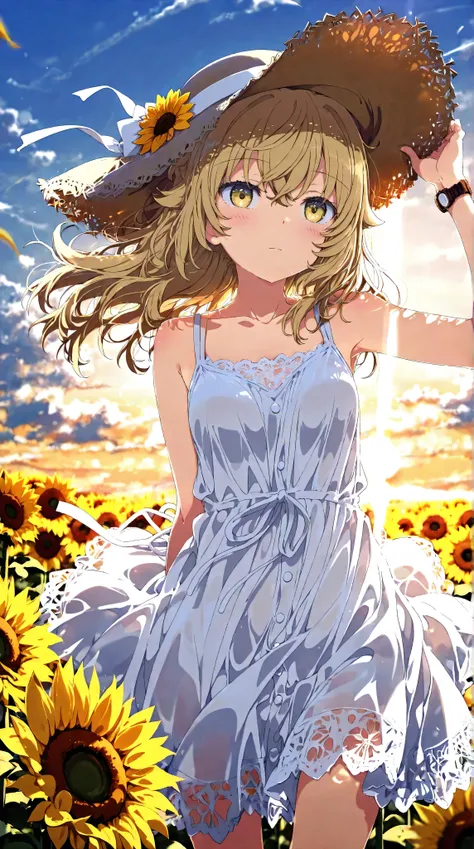 high-definition picture ,fuwa aika, One Girl ,Alone, ( white lace dress:1.2), Relaxed Dress (sun visor hat:1.2), Sunflower field, in the sun , ogipote, Watch Viewers , wind, dynamic, Strong Light and Dark ,dynamic pose