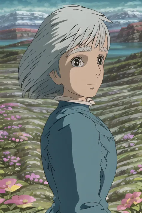 upper body, (best quality), (masterpiece), (solo), 1girl, grey hair, brown eyed, medium length hair, blue dress, grass, flowers, lake, trees, mountains, sunny, looking at viewer