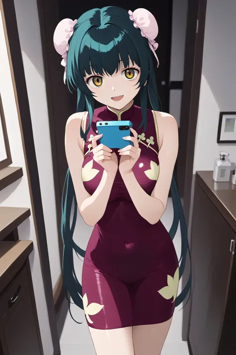 score_9, score_8_up, score_7_up, , Sua_anime, Wang Liumei , 1 girl, solo,  , double bang, China Dress, twin blade, dark green hair, cowboy shooting, very long hair, brown eyes, is standing, crazy smile, pink above elbow gloves, sleeveless, purple dress, wa...
