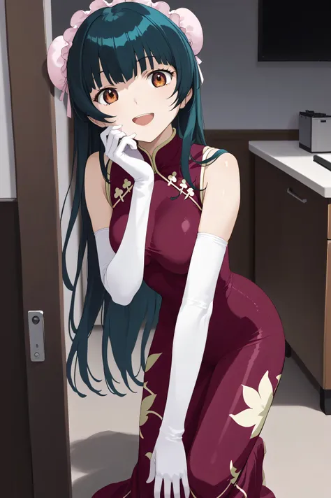 score_9, score_8_up, score_7_up, , Sua_anime, Wang Liumei , 1 girl, solo,  , double bang, China Dress, twin blade, dark green hair, cowboy shooting, very long hair, brown eyes, is standing, crazy smile, pink above elbow gloves, sleeveless, purple dress, wa...