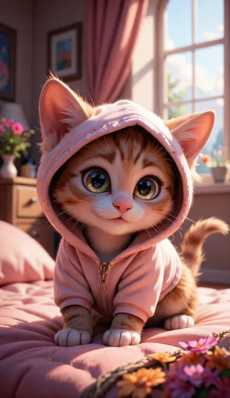 3D cute happy kitten character, Pink hoodie, playing on the bed, Inside the house, masterpiece, Background Blur.