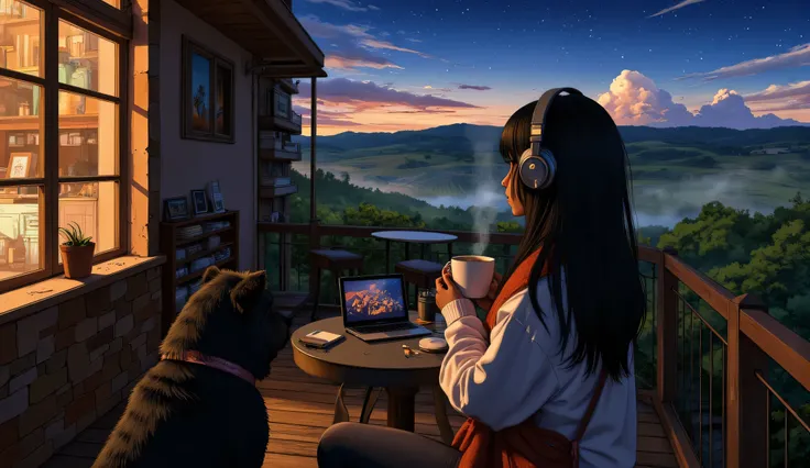 A stunning 3D anime-style scene featuring a Brazilian girl with darker skin tone, brown eyes, long straight black hair, stunning and beautiful artwork, bright shadows, bold colors and a black-coated Chow Chow dog, sitting on the cozy terrace of a rooftop c...