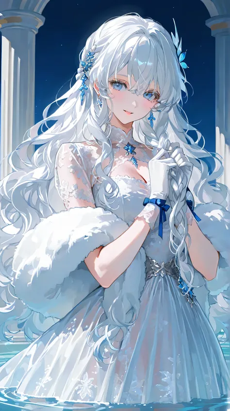White hair and blue eyes、adult、Long, fluffy wavy hair、Braiding、Wearing hair ornaments、Princess、White gloves、Wearing a lace dress、Being in the water、Fantasy