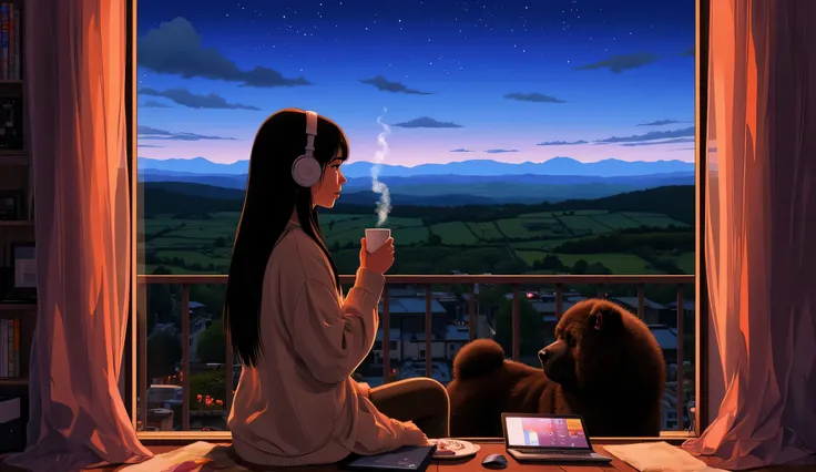 A stunning 3D anime-style scene featuring a Brazilian girl with darker skin tone, brown eyes, long straight black hair, stunning and beautiful artwork, bright shadows, bold colors and a black-coated Chow Chow dog, sitting on the cozy terrace of a rooftop c...