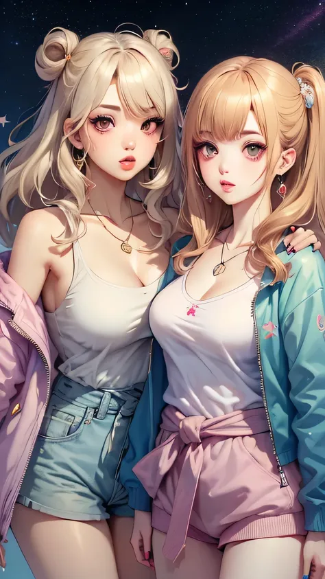2girls absurdres black_nails blonde_hair breasts brown_eyes brown_hair cleavage clothes_around_waist collarbone commentary cup disposable_cup ear_piercing fingernails food french_fries gyaru hair_intakes hair_ornament hair_rings highres holding holding_foo...