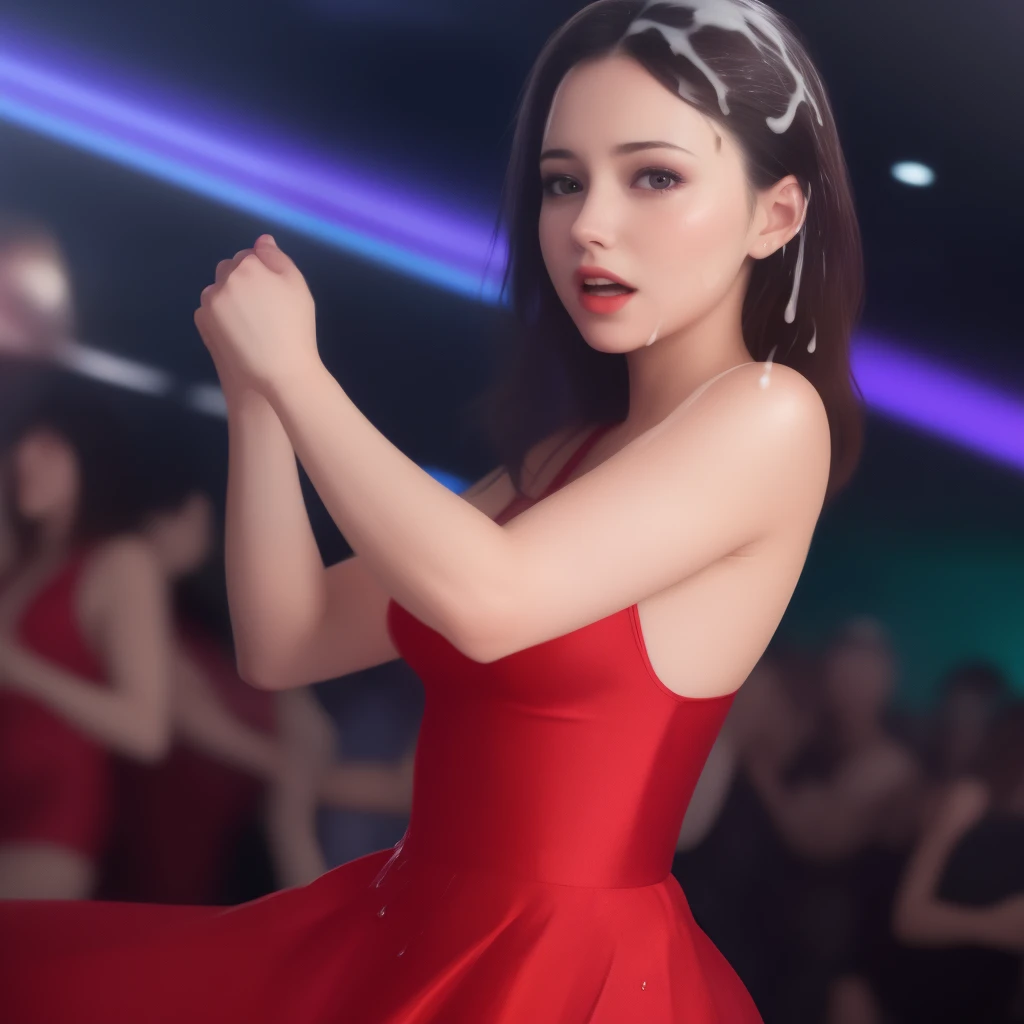 woman dancing in a club, cumhair cumshot, hair, looking at viewer, red dress
masterpiece, 8k, raw photo, ultra realistic, highly detailed