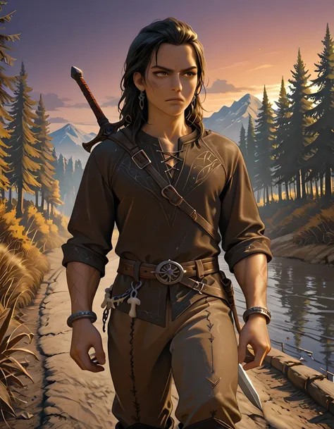 ((Lord of the Rings style art)) | {adventurous man}:((Black hair, amber eyes, fair skin, cut scar on the left side of the face, mature man of twenty-six years old, athletic body, unshaven, developed muscles, dusty black shirt tight on the body, long brown ...