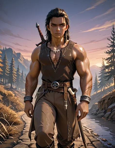 ((Lord of the Rings style art)) | {adventurous man}:((Black hair, brown eyes, fair skin, cut scar on the left side of the face, mature man of thirty-five, athletic body, unshaven, developed muscles, dusty black shirt tight on the body, long brown pants, bl...