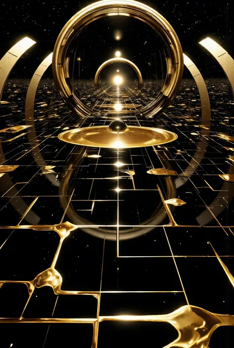 masterpiece, High Definition, Illustration, anime style, black and gold digital landscape, simple, digital infinity, futuristic, future, digital, empty