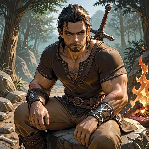 ((Lord of the Rings style art)) | {adventurous man}:((Black hair, brown eyes, fair skin, cut scar on the left side of the face, mature man of thirty-five, athletic body, unshaven, developed muscles, dusty black shirt tight on the body, long brown pants, bl...