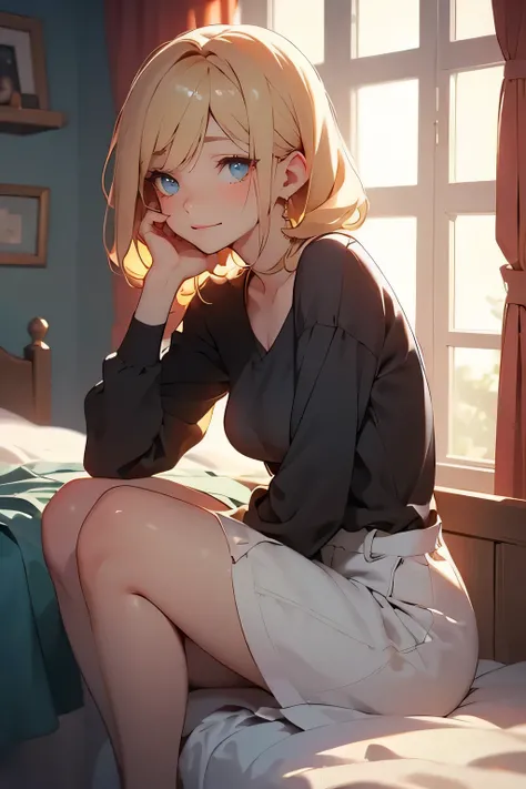 A semi-realistic anime-style girl sitting on the edge of a low bed, softly lit by warm evening light filtering through sheer curtains. Her shoulders are slightly hunched forward, hands resting gently in her lap, fingers lightly intertwined. Her eyes are mo...