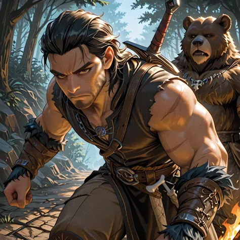 ((Lord of the Rings style art)) | {adventurous man}:((Black hair, brown eyes, fair skin, cut scar on the left side of the face, mature man of thirty-five, athletic body, unshaven, developed muscles, dusty black shirt tight on the body, long brown pants, bl...