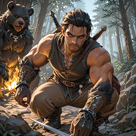 ((Lord of the Rings style art)) | {adventurous man}:((Black hair, brown eyes, fair skin, cut scar on the left side of the face, mature man of thirty-five, athletic body, unshaven, developed muscles, dusty black shirt tight on the body, long brown pants, bl...