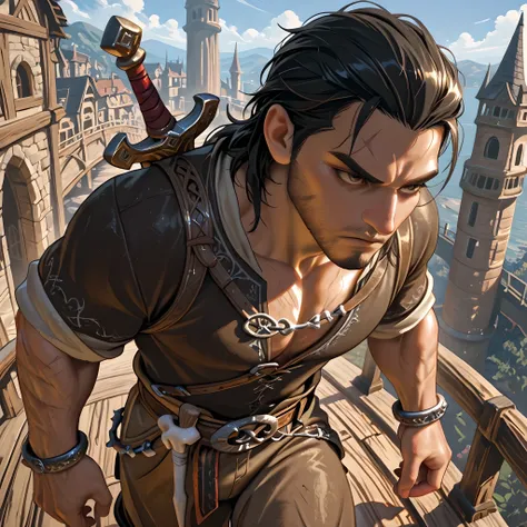 ((Lord of the Rings style art)) | {adventurous man}:((Black hair, brown eyes, fair skin, cut scar on the left side of the face, mature man of thirty-five, athletic body, unshaven, developed muscles, dusty black shirt tight on the body, long brown pants, bl...