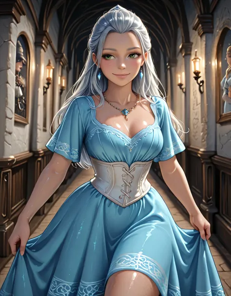 ((Lord of the Rings style art)) | {princess}:((Long silver hair with light blue nuances, green eyes, fair skin, perfect skin, skin shine, oily skin, beautiful and charming woman, curvy body, tall woman with a thin waist, long blue and white princess dress ...
