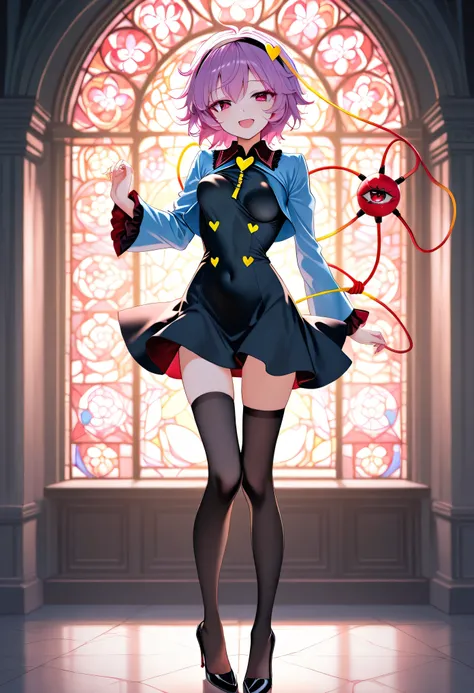 (score_9), komeiji_satori, longlegs_v0.22_pony, solo, (1 skinny girl standing), (petite small girl), BREAK, (cropped coat:1.2), (black short dress:1.2), thigh gap, (groin), black thighhighs, stiletto heels, BREAK, looking at viewer, {smile:0.2}, {open mout...