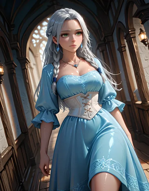 ((Lord of the Rings style art)) | {princess}:((Long silver hair with light blue nuances, green eyes, fair skin, perfect skin, skin shine, oily skin, tall woman with a thin waist, long blue and white princess dress with ruffles on the bust area, blue and wh...