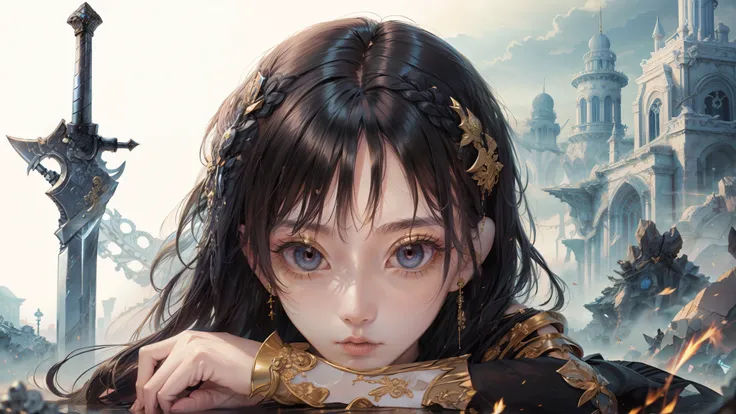 fantasy。Hero with Sword。Huge enemy。Cooperate with peers。fight。magic。black hair。 Gold。 Hair。wasteland