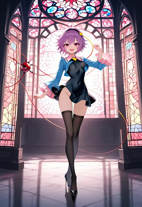 (score_9), komeiji_satori, longlegs_v0.22_pony, solo, (1 skinny girl standing), (petite small girl), BREAK, (cropped coat:1.2), (black short dress:1.2), thigh gap, (groin:1.2), black thighhighs, stiletto heels, BREAK, looking at viewer, {smile:0.2}, {open ...