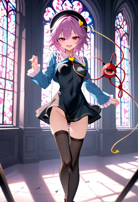 (score_9), komeiji_satori, longlegs_v0.22_pony, solo, (1 skinny girl standing), (petite small girl), BREAK, (cropped coat:1.2), (black short dress:1.2), thigh gap, (groin:1.2), black thighhighs, stiletto heels, BREAK, looking at viewer, {smile:0.2}, {open ...
