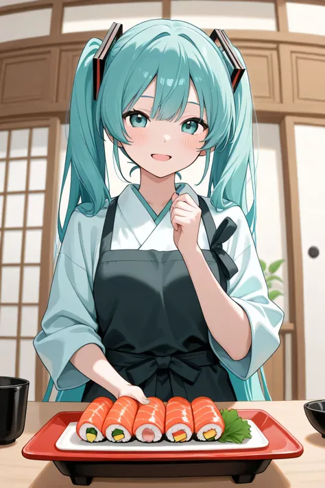Hatsune Miku preparing sushi with the background of a Japanese kitchen