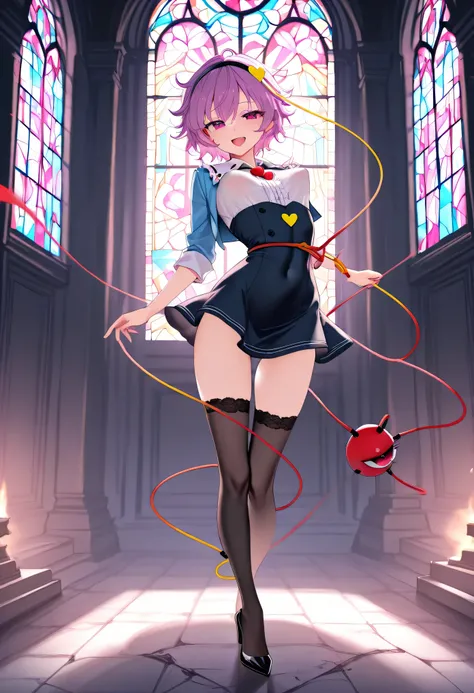 (score_9), komeiji_satori, longlegs_v0.22_pony, solo, (1 skinny girl standing), (petite small girl), BREAK, (cropped coat:1.2), (black short dress:1.2), thigh gap, (groin:1.2), black thighhighs, stiletto heels, BREAK, looking at viewer, {smile:0.2}, {open ...