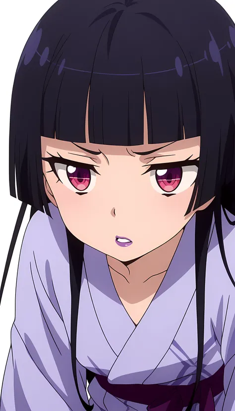 anime screencap, masterpiece, best quality,
1girl, solo, disgusted, purple lips,
hime cut, long hair, blunt bangs, black hair, multicolored eyes, simple background, white background, 
bath yukata, purple kimono, purple sash, close up, parted lips, pov, pov...