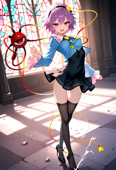 (score_9), komeiji_satori, longlegs_v0.22_pony, solo, (1 skinny girl standing), (petite small girl), BREAK, (cropped coat:1.2), (black short dress:1.2), thigh gap, (groin:1.2), black thighhighs, stiletto heels, BREAK, looking at viewer, {smile:0.2}, {open ...
