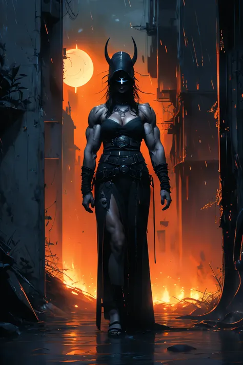 dark and torn, ((a beautiful young woman with a muscular body:1.5)), NUDE, large bare breasts, fierce expression, holding a gun, (colors in your clothes, Warm, orange, yellow, PURPLE:1.3), standing in a desolate wasteland, dramatic lighting, intense shadow...