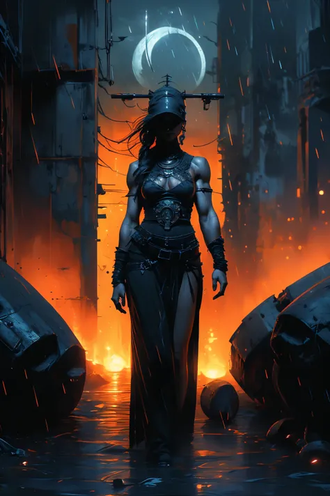 dark and torn, ((a beautiful young woman with a muscular body:1.5)), NUDE, large bare breasts, fierce expression, holding a gun, (colors in your clothes, Warm, orange, yellow, PURPLE:1.3), standing in a desolate wasteland, dramatic lighting, intense shadow...
