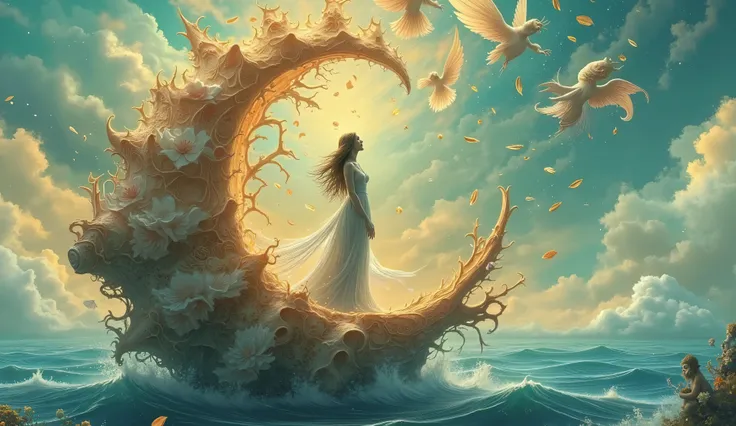 a surreal scene, Goddess standing in a large shell, Angels blow petals, Doll drawing, fantoche, Automatic dolls, manequim, Straw dolls, Big waves, small waves, colorful sky, surrealismo