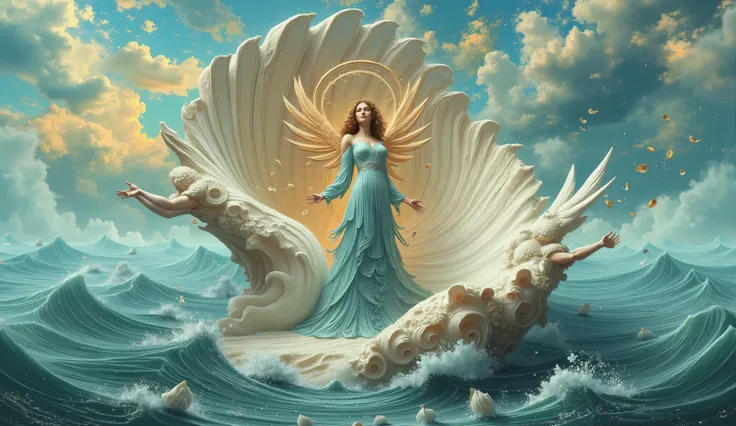 a surreal scene, Goddess standing in a large shell, Angels blow petals, Doll drawing, fantoche, Automatic dolls, manequim, Straw dolls, Big waves, small waves, colorful sky, surrealismo