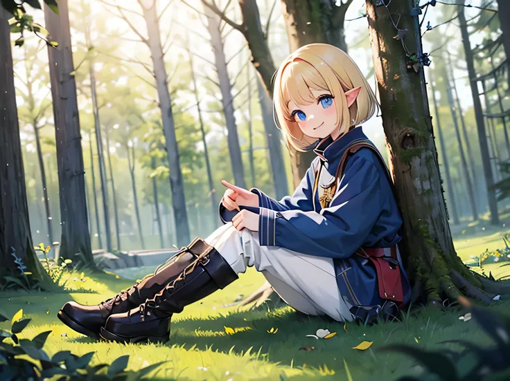 Beautiful, blond, blue-eyed, and cheerful elf girl、The hairstyle is a short bob、I'm wearing a dark blue long-sleeved tunic、I'm wearing slender pants and leather boots、I'm in the woods with a smile、Sitting at the base of a tree、There is only one person