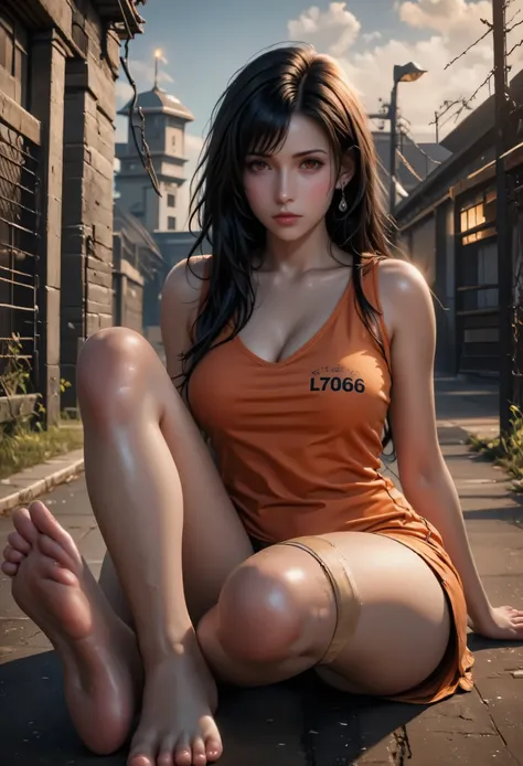 tifa lockhart, a girl, white skin, black hair, (long, loose,     and messy hair), red eyes, large breasts, beautiful body, (((wearing a short, sleeveless orange maximum security prison inmate uniform with an inscription on the chest    that mentions: inmat...