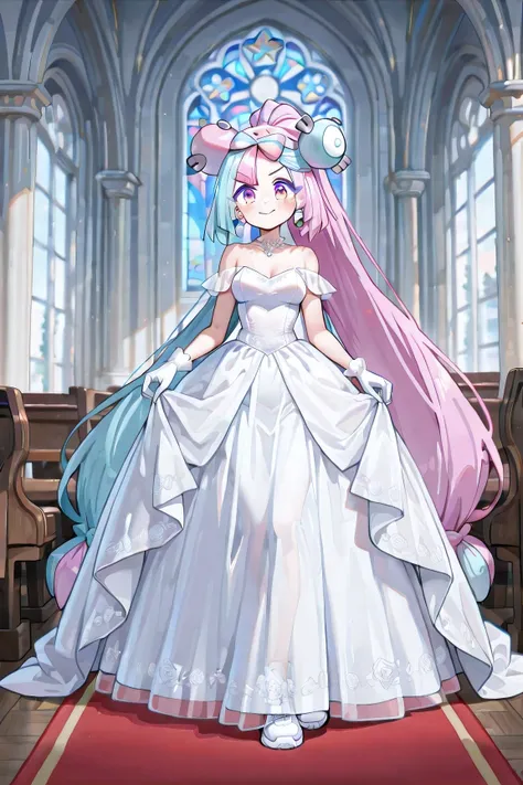 Iono (Pokémon Scarlet and Violet), young girl, ((((Just 1 Iono)))), medium breasts, Very long hair, ponytail,  bicolor hair, light blue and pink hair, two-toned eyes, pink and blue eyes, ((falls)), animated smile, flushed cheeks earings, extremely detailed...