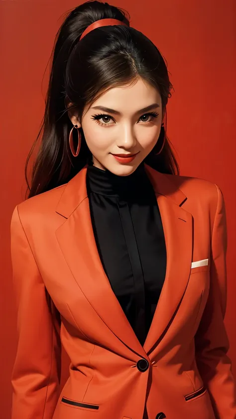 woman, 1980’s art design, retro, A Japanese model wearing a haute couture suit on a resplendent catwalk. (flat colors, flat texture, lineart:1.2), graphical design, head turned looking at camera, red smiling lips, view from above, style by smeglejj
