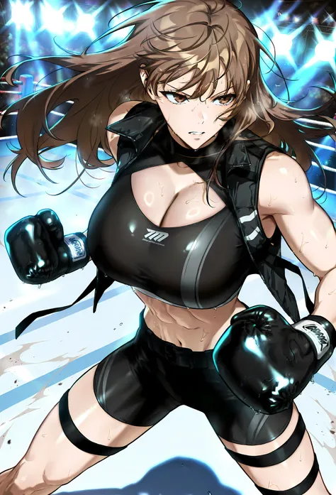 masterpiece, best quality, amazing quality, very aesthetic, absurdres, newest, scenery, 1girl, solo, huge breasts, serious, parted lips, long hair, brown hair, brown eyes, bangs, sports bra,
 Sleeveless jacket, open jacket, cleavage cutout, black gloves, b...
