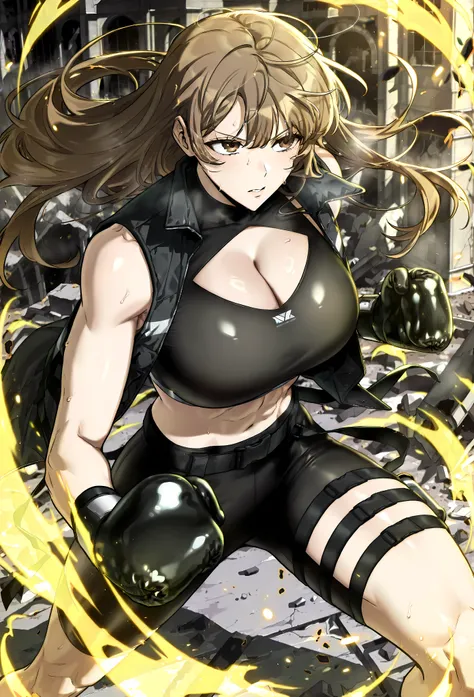 masterpiece, best quality, amazing quality, very aesthetic, absurdres, newest, scenery, 1girl, solo, huge breasts, serious, parted lips, long hair, brown hair, brown eyes, bangs, sports bra,
 Sleeveless jacket, open jacket, cleavage cutout, black gloves, b...