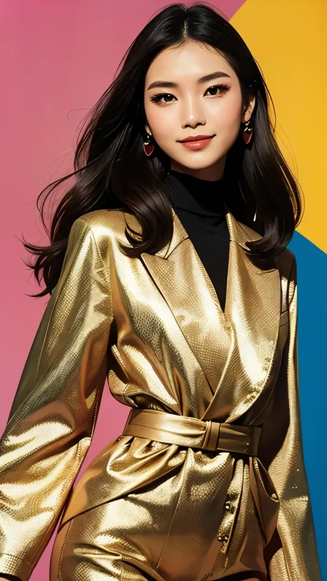 woman, 1980’s art design, retro, Korean model wearing a haute couture suit on a resplendent catwalk. (flat colors, flat texture, lineart:1.2), graphical design, head turned looking at camera, smiling lips, view from above, style by smeglejj
