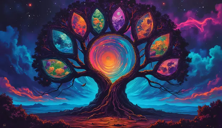 imagine a tree that acts as a portal to another dimension, its trunk swirling with iridescent energy. The tree's leaves are made of stained glass, each pane depicting a different world. The background is a swirling vortex of colors, hinting at the infinite...