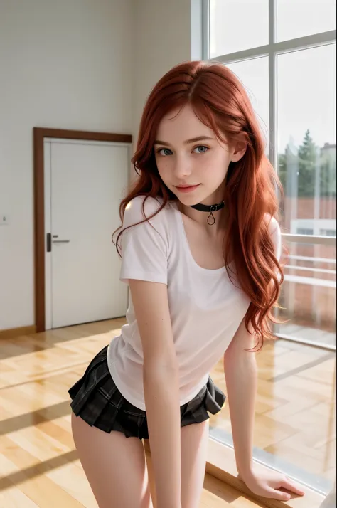  RAW photo,(o skinny redhead girl:1.2),  wearing a sheer school shirt and pleated skirt, in a classroom, (best quality, high quality), hyperdetailed, highres, high detail, intricate detail, HDR, 8k, sharp focus, detailed background, perfect hands, realisti...
