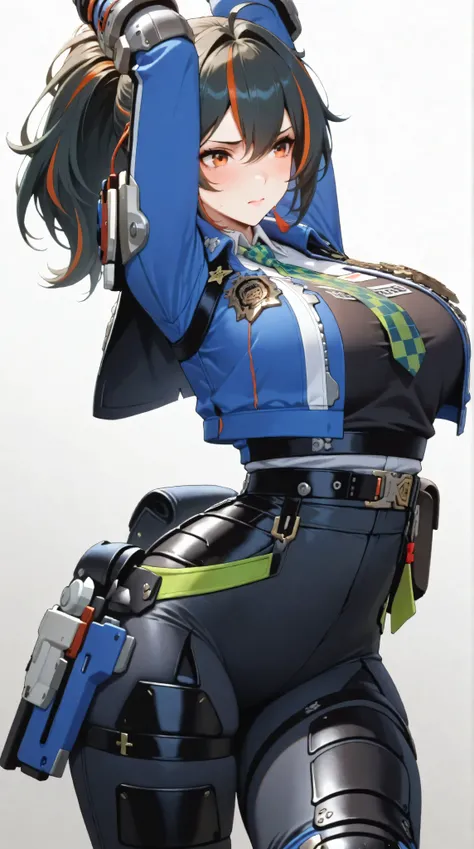 masterpiece, extremely detailed,perfect skin texture,4k,solo,1girl ,zhu yuan,worried,stand up,sexy pose,ponytail streaked hair,blush,police uniform, blue jacket, cropped jacket, long sleeves, black vest, two-tone vest, black gloves, green necktie, plaid ne...