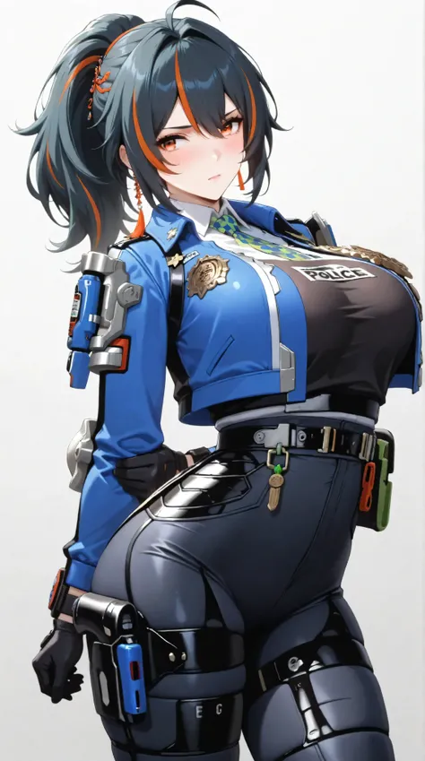masterpiece, extremely detailed,perfect skin texture,4k,solo,1girl ,zhu yuan,put off jacket,stand up,arms behind back,sexy pose,ponytail streaked hair,blush,police uniform, blue jacket, cropped jacket, long sleeves, black vest, two-tone vest, black gloves,...