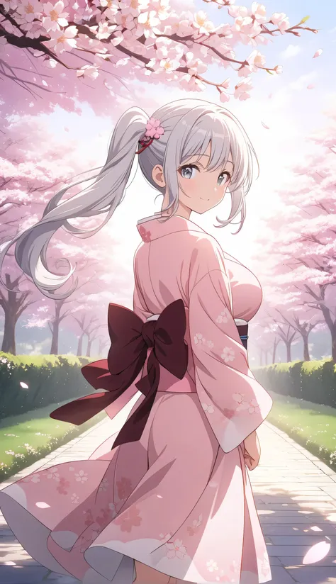 “A beautiful anime girl with long silver-white hair tied in a side ponytail, large breasts, and gray eyes, standing on a cherry blossom-lined path in spring. She is wearing a pink and white short kimono with sakura flower patterns, a black obi tied into a ...