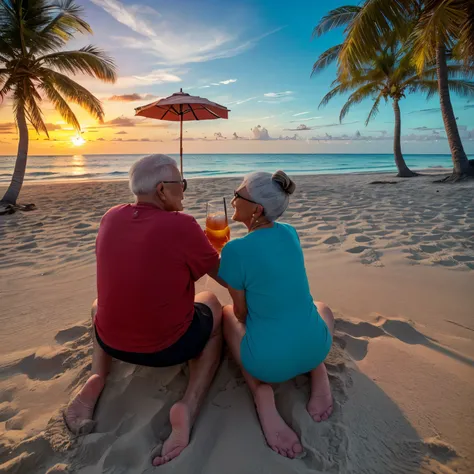 High quality photography of an elderly couple who are on a white sand beach and a crystal blue sea, with palm trees, they are enjoying a vacation, having a drink in a coconut, the scene is on a beautiful afternoon with an impressive sunset, the sky is blue...