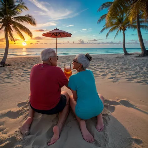 High quality photography of an elderly couple who are on a white sand beach and a crystal blue sea, with palm trees, they are enjoying a vacation, having a drink in a coconut, the scene is on a beautiful afternoon with an impressive sunset, the sky is blue...